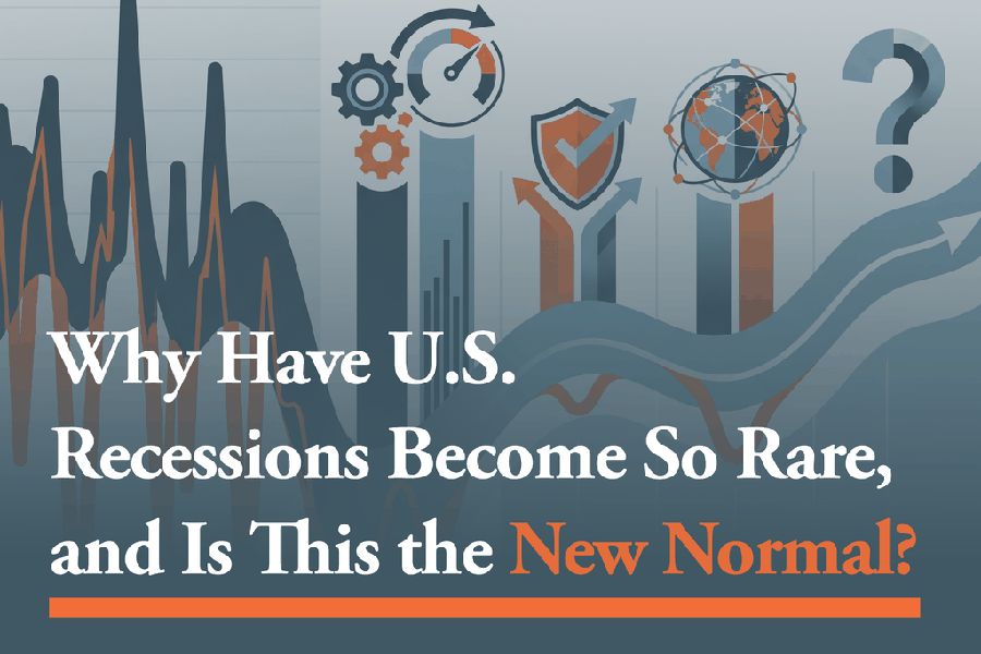 Rising and falling chart lines, gauges, a shield and a globe behind the headline Why Have U.S. Recessions Become So Rare, and Is This the New Normal?