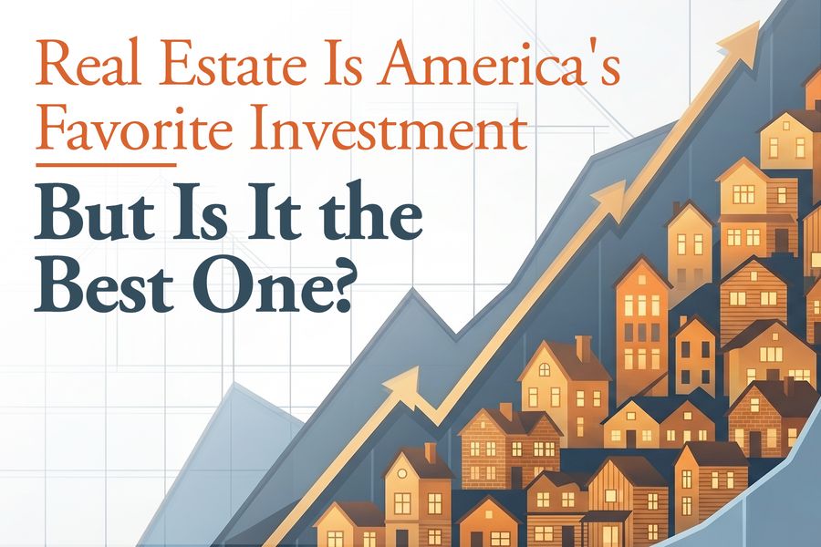 Real Estate Is America's Favorite Investment title graphic with an arrow pointing up on a blue background.