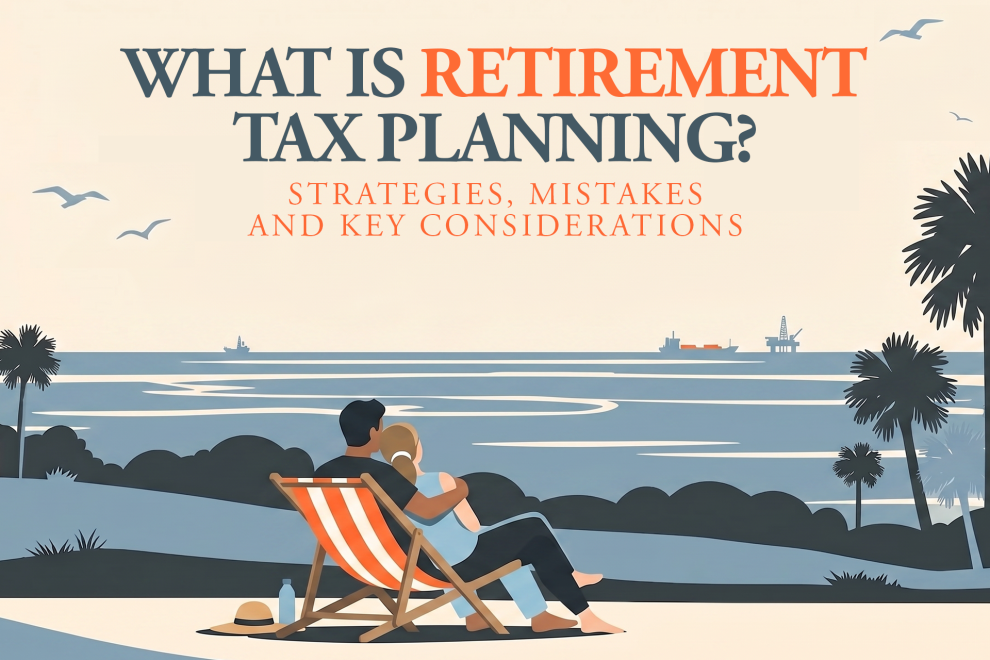 What-Is-Retirement Planning Core Wealth Management Jupiter FL Retirement tax planning guide graphic featuring a couple walking on a beach at sunset.