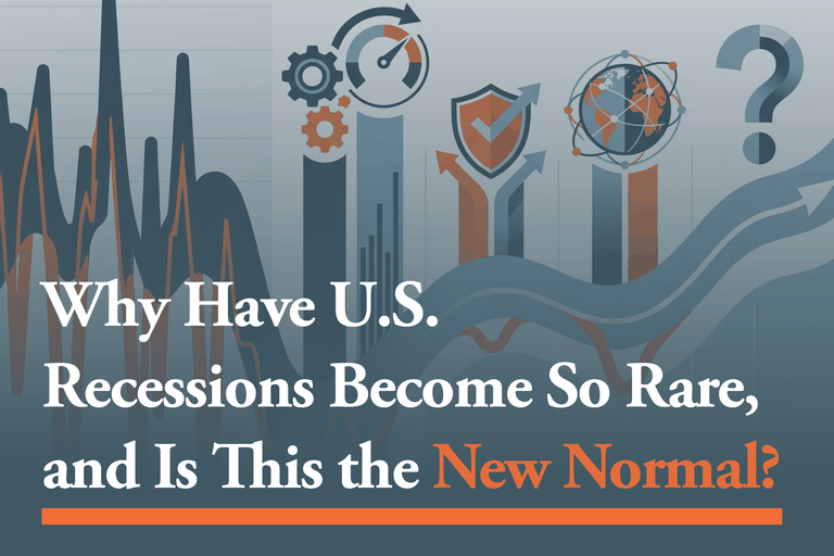 Rising and falling chart lines, gauges, a shield and a globe behind the headline Why Have U.S. Recessions Become So Rare, and Is This the New Normal?