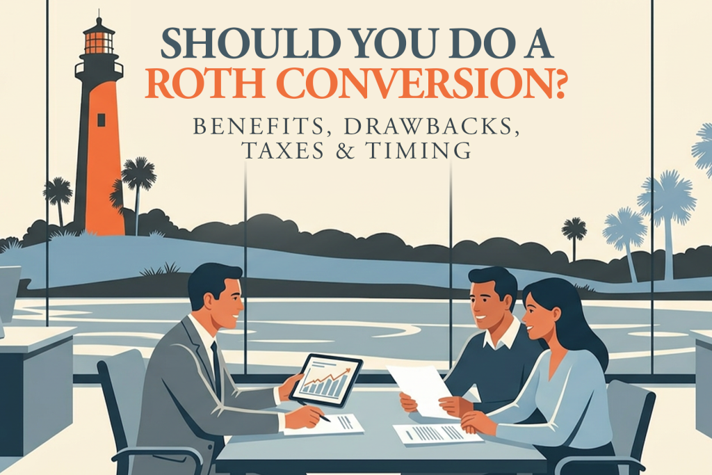 Decorative graphic titled 'Should You Do a Roth Conversion? Benefits, Drawbacks, Taxes & Timing' featuring an illustration of a person working at a desk with financial charts.